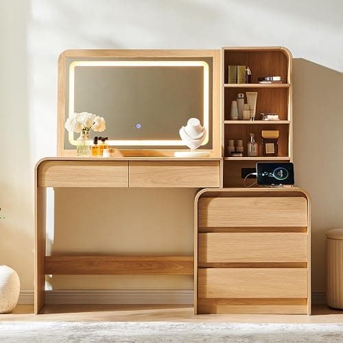 wow97e 50" Makeup Vanity Desk with 35.43" Mirror and Lights, Large 5 Drawers Makeup Table with Adjustable Shelves and Charging Station, 3 Lighting Modes for Women and Girls, Bedroom or Dorm, Natural thumbnail 7
