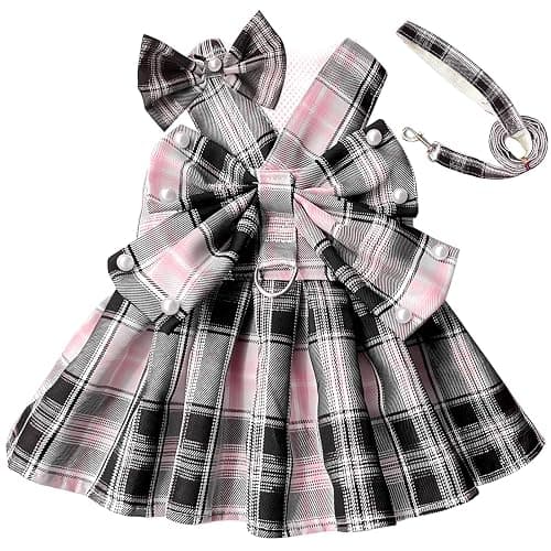 PETCARE Cute Dog Dress Clothes for Small Dogs Cats Girl Female Pink Plaid Bow Tie Dog Harness Dresses Leash Set with Pearls Bow Accessories Birthday Puppy Dress Shih Tzu Yorkies Chihuahua Outfits thumbnail 8