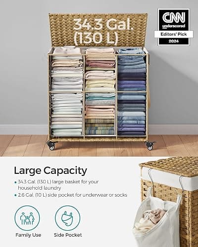 SONGMICS Laundry Hamper with Lid, 37 Gallons (140 L), Rolling Laundry Basket with Wheels, 3-Section Synthetic Rattan, Removable Liner, Bedroom, 26 x 13 x 26 Inches, Natural ULCB363N01 thumbnail 7