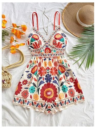 GORGLITTER Women's Floral Print Summer Romper Boho Sleeveless Wide Leg Short Jumpsuits Beach Vacation Cruise Outfits thumbnail 5