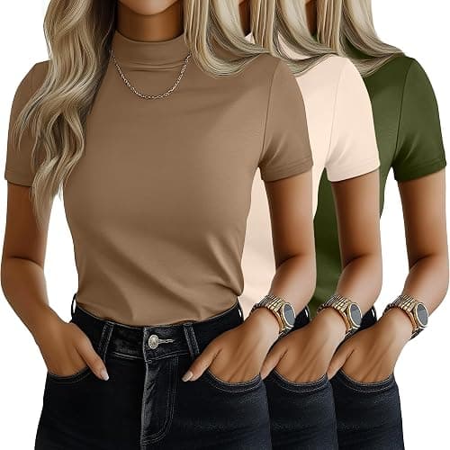 Ficerd 3 Pack Women's Mock Neck Shirts Short Sleeve Tops | Ladies Turtleneck Business T-Shirts, Slim Fit Tees, Dressy Basic Pullovers, Stretch Casual Outfits, Summer Fall Clothes 2026 - Image 1