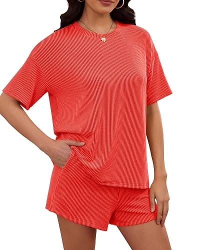 RUBZOOF Women's 2 Piece Sets Short Sleeve Outfits Ribbed Textured Knit Lounge Shorts Set Oversized Tracksuit Matching Sets thumbnail 2