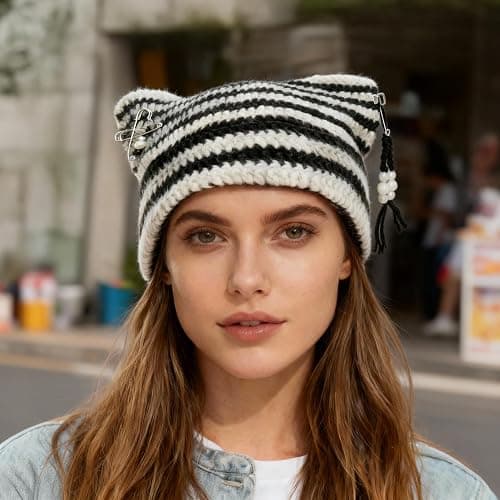 Hshsclth Cat Ear Beanie for Women, Y2K Striped Slouchy Crochet Goth Style with DIY Accessories, Cute Knit Hat with Ears thumbnail 6