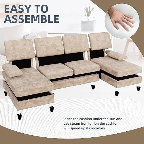 U-Shaped Sectional Couches for Living Room, 4 Seat Sofa with Double Chaise Lounges,Solid Wood Frame Sectional Sofa for Apartment,Beige thumbnail 6