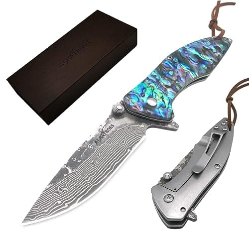 ALBATROSS Pocket Knife Abalone Seashells 7.25" Modern Damascus Steel Knife Frame Lock Folding Knife Gift Box - HGDK021B - Image 1