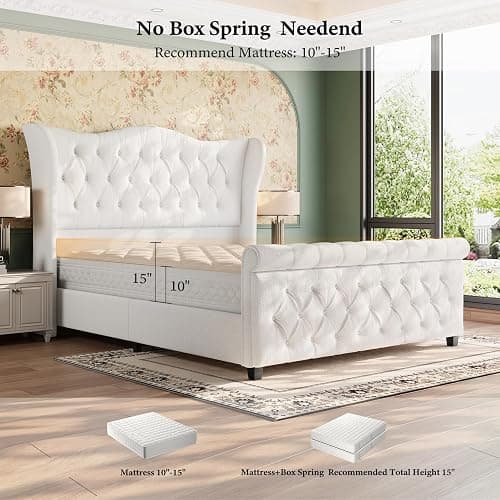 Queen Size Bed Frame-Upholstered Platform Chenille Sleigh Bed-51 inch Scroll Wingback Tall Headboard Footboard-Deep Button Tufted-Easily Assemble-Wood Slats Support-No Box Spring Required-Cream thumbnail 7