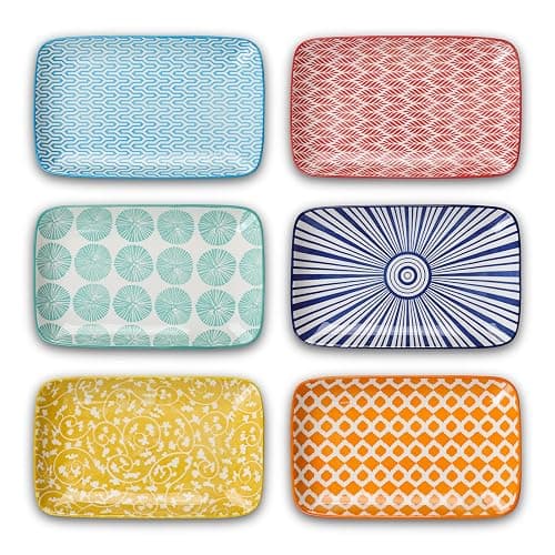 Selamica Ceramic 8 inch Rectangular Salad Plates, Dinner Plates, Pasta Dessert Plates for Appetizer, Sushi, Fruit - Microwave/oven/Dishwasher Safe, Set of 6, Assorted Colors - Image 1