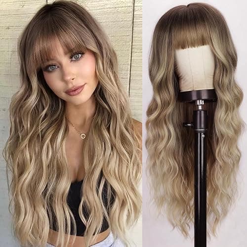 Lativ Blonde Wig With Bangs Long Wavy Curly Ombre Wig with Dark Root Synthetic Heat Resistant Wigs for Women Daily Party Use 26 Inches - Dark Blonde - Image 1