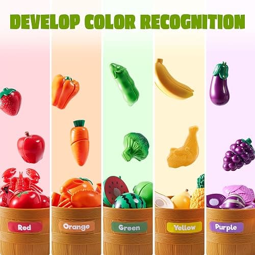 JOYIN Learning Toys Play Food Set for Toddlers, Cutting Food for Preschool Activities, Play Kitchen Accessories, Educational Toys, Color Sorting Set for Boys & Girls, Back to School Gifts for Toddlers thumbnail 3