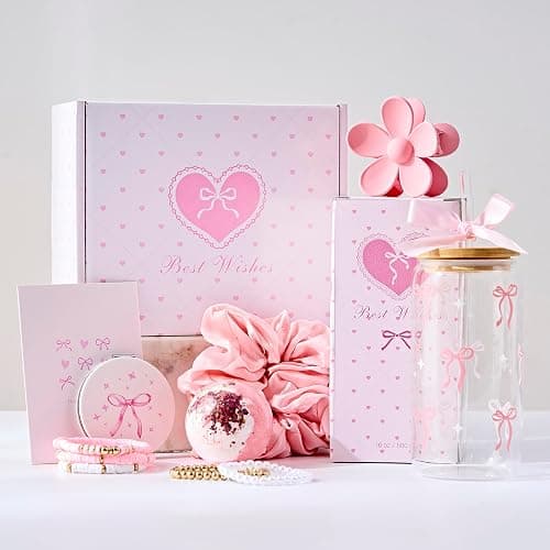 LANGASQUE Birthday Gifts for Women Teen Girls, Happy Birthday Gift Baskets for Women, Coquette Pink Bow Glass Cup Gift Box Set, Chrismas Gifts for Daughter Sister Wife Girlfriend Mom - Image 1