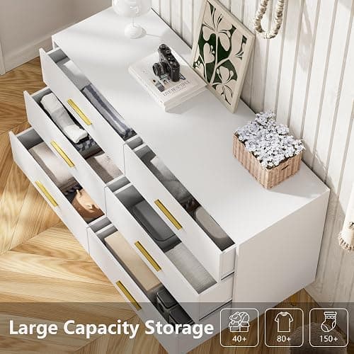 LYNSOM White 6 Drawer Dresser for Bedroom with Gold Handles, Modern Chest of Drawers, Wooden Dressers Organizer for TV Stand,Living Room, Hallway, Entryway thumbnail 4