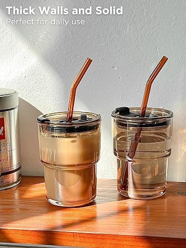 Olvini 13oz Glass Tumbler with Straw and Lid, Reusable Iced Coffee Cup Tumbler, Cute Glass Cups for Water, Matcha, Travel Coffee Mugs (Amber - 13oz) thumbnail 3