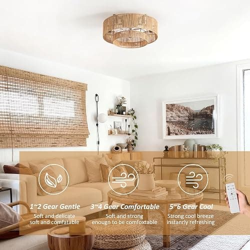 20 Inch Boho Caged Ceiling Fans with Lights Flush Mount, Layered Rattan Ceiling Fan with Light Remote Control with Reversible 6 Speeds for Bedroom, Nursery, Living Room, E12 Base, Indoor - 20 Inch Boho Caged Ceiling Fans with Lights thumbnail 6