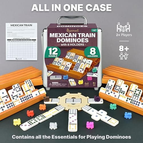 Queensell Mexican Train Dominoes Set with 8 Holders - Wooden Hub and Tiles Holders - Double 12 Tiles with Dots (D12 + 8 Holders) thumbnail 3