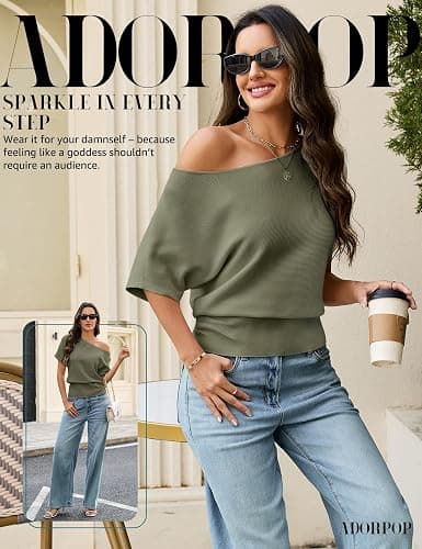 ADORPOP Off Shoulder Tops for Women - Short Sleeve Batwing Sweater Soft Cinched Waist Knit Summer Going Out Top Date Night thumbnail 4