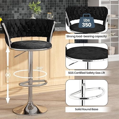 furlinkhm Swivel Bar Stools Set of 2, Adjustable Counter Height Barstools with Back & Footrest, Kitchen Island Stools, Upholstered Velvet Bar Chairs, 22"-31" Height Adjustable, Black - Black (2 Pcs) - 2 thumbnail 8