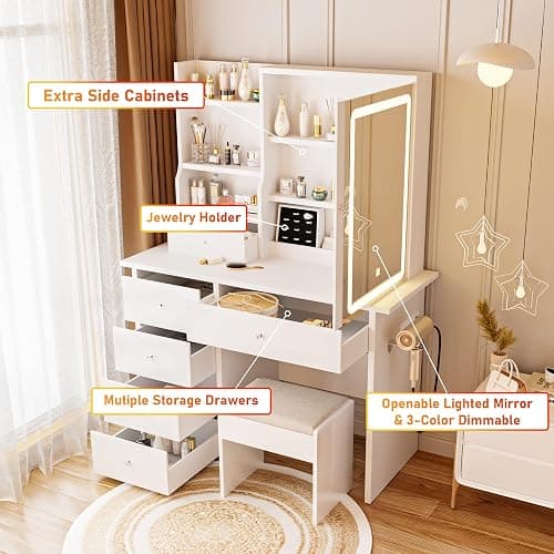 ALEAVIC Vanity Desk with Mirror and LED Lights, Makeup Vanity Set with Power Outlet, and Stool,Jewelry Storage,White Vanity Desk for Bedroom thumbnail 3