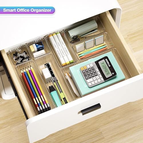 47 PCS Clear Plastic Drawer Organizer Set - 4 Sizes Makeup Organizer Desk Drawer Divider Bathroom Organizers and Storage Bins for Makeup, Jewelry, Gadgets, Office, Kitchen, Bedroom, Bathroom thumbnail 6