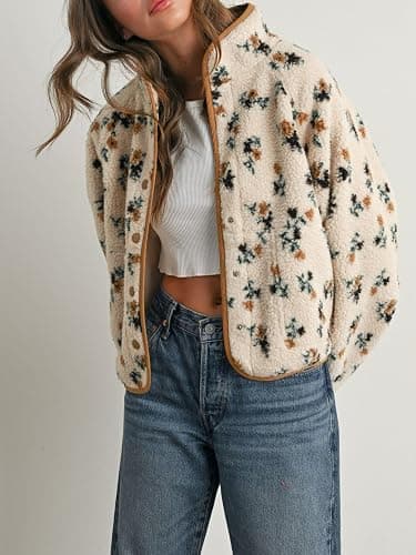 Joiemont Womens Floral Print Fluffy Fleece Jacket Snap Button Winter Teddy Fleece Jacket Casual Faux Fur Outwear thumbnail 5