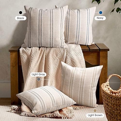 AELS 18x18 Decorative Farmhouse Linen Throw Pillow Covers, Boho Textured Pillow Case, Set of 2,Beige with White & Navy Blue Stitch Yarn Dyed Stripe Cushion Cover for Sofa Couch Living Room(Cover ONLY) - Beige With White & Navy Blue - 18" x 18" (Pack of 2) thumbnail 6