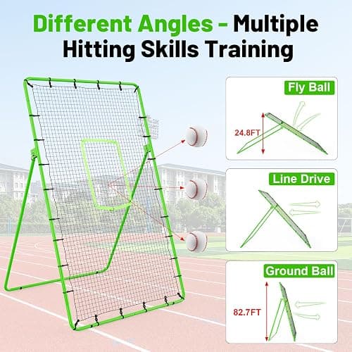 4×7ft Rebounder Net，Soccer Rebounder with Adjustable 5 Angles，6 Ground Stakes，1 Glove，Baseball Rebounder Net with Fluorescent Green Pitching Target，Net for Individual/Team Baseball Training thumbnail 3
