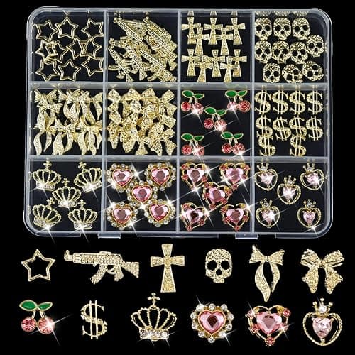 ZUMILLMN 95PCS 3D Nail Charms - Gold Alloy Bow, Gun,Heart,Cross,Star,Cherry& Crown Charms, Shiny Nail Rhinestones for Nail Art, Manicure, DIY Jewelry Making（95pcs） - Image 1