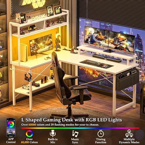 Aheaplus L Shaped Gaming Desk with Power Outlets & LED Lights, Small L- Shaped Desk Computer Corner Desk with Monitor Stand & Storage Shelf, Home Office Desk Writing Desk with Storage Bag, White thumbnail 3