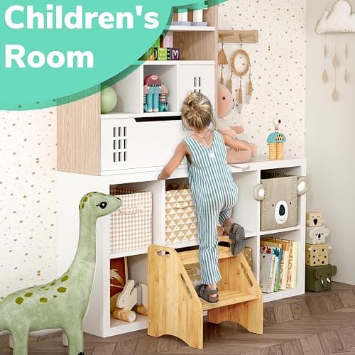 AMBIRD Wooden Step Stool, 15.75'' H Potty Training Toddler 300 lbs Capacity with Safety Non-Slip Pads and Handles, Kitchen Step Stools for Kids, Bamboo Step Stool for Bathroom, High Beds (Natural) thumbnail 7