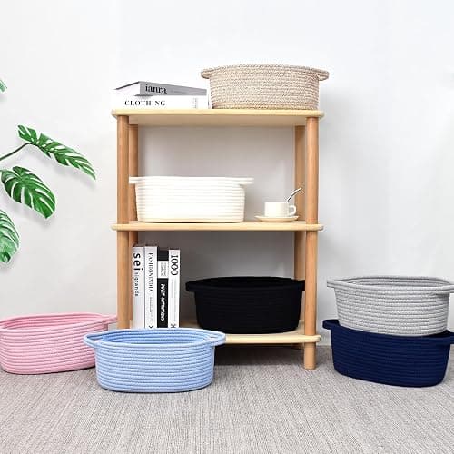 ABenkle Small Basket with Handles, Boho Decorative Rope Woven Dog Cat Toy Storage Bin Shelf Storage Organizer, Easter Christmas Gift Basket, 12"x8"x5", White thumbnail 7