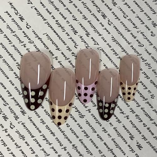 BABALAL Brown Pink Press on Nails Medium Almond Fake Nails Polka Dot Glue ons Design Trendy Cute Acrylic 24Pcs Squoval Full Cover False Nails thumbnail 2