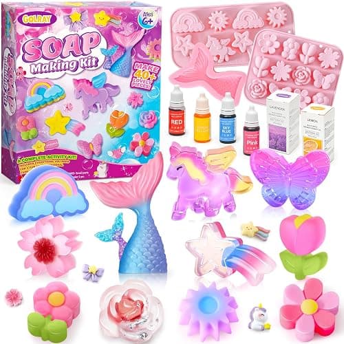 Golray Soap Making Craft Kit for Kids Girl Toys, Make 40 Pcs+ Soap Supplies with Unicorn/Mermaid/Butterfly Model, 2 Essential Oil, DIY Science Art and Craft Kit for Kid Girl Age 5-7 8-12 Year Old Gift - Image 1