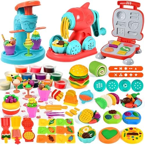ZYYBQW 3 in 1 Color Dough Sets for Kids Ages 3-4-8, Dough Tools Accessories Kit, Ice Cream Playset Noodle Hamburger Maker, Pretend Play Kitchen Creations Food Toys Arts Crafts for Toddlers Girls Boys - Image 1