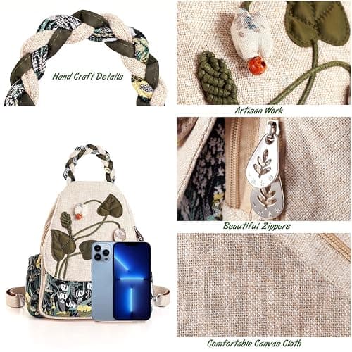 Girl's Convertible Sling Bag, Hand Craft Artisan Purse, Beautiful Canvas Premium Casual Day Mini Backpack for Women (Green Marsh) thumbnail 6