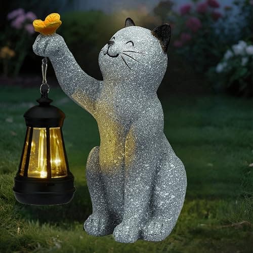 Elegondrar Solar Cat Garden Statue Outdoor Decor, Cat Sculpture with Lantern and Butterfly for Yard Lawn Patio Balcony, Christmas, Birthday Housewarming Gifts for Mom, Grandma, Women, 9.4 inch, Resin thumbnail 9