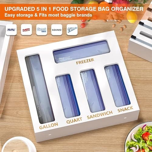 DALSHABET 9 IN1 Bamboo Storage Bag Drawer Organizer with Cutter, Foil and Plastic Wrap Dispenser for Kitchen Storage Compatible with All Brands Gallon, Quart, Sandwich & Snack Size Bags - White thumbnail 5