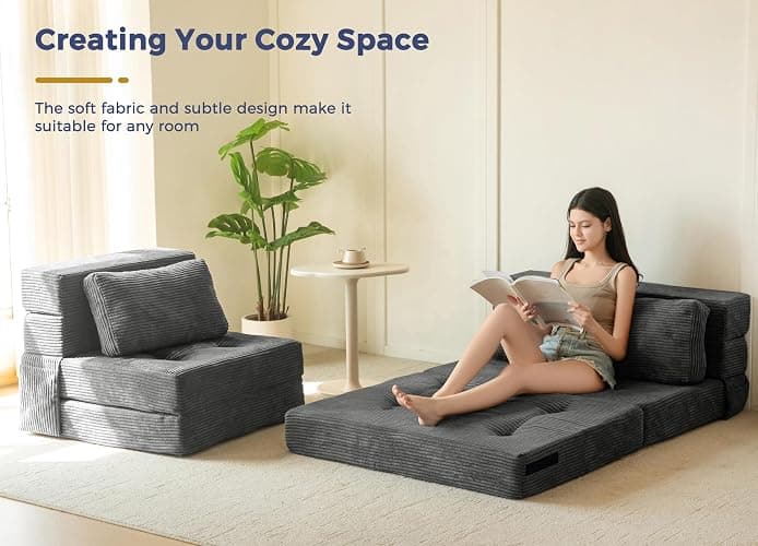 MAXYOYO Convertible Sofa Bed, Fold Out Sofa Couch with Pillow for Adults | Loveseat Sofa 4 in 1 Tufted Folding Couch Bed Foam Floor Couch, Lazy Chair for Living Room Bedroom Guest Room, Dark Grey thumbnail 7