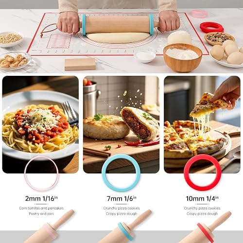 WitHlper Beechwood Rolling Pin Set with 6 Thickness Rings, Non-Slip Silicone Mat,Wood Stand – 17" Dough Roller for Baking, Pizza, Tortilla, Pastry – Wooden Rolling Pin Kit for Even Thickness thumbnail 5