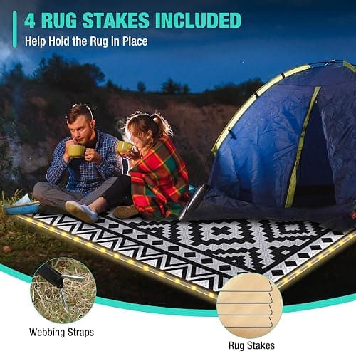 HAUSHOF 5'X8' Outdoor Rug Waterproof with LED Strip Light, Reversible Outdoor Plastic Straw Rug, Patio Rug with 4 Rug Stakes, Outdoor Carpet Mat for RV, Camping, Beach, Porch, Balcony, Black&White thumbnail 4