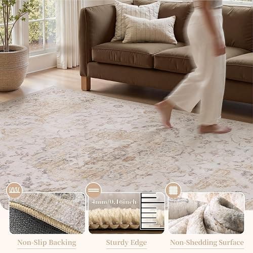 PADOOR-Vintage Area Rug 5X7 Rugs for Living Room-Soft Beige Rugs for Bedroom-Machine Washable Rugs Non Slip Carpet-Rug for Dining Room Living Room Bedside Office thumbnail 3