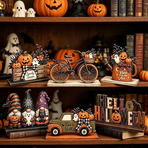 Halloween Decor Indoor, Halloween Table Decorations Indoor for Home | 6 Pcs Halloween Pumpkin Gnome Ghost Decorations Farmhouse Wooden Halloween Party Centerpiece Signs Decor for Kitchen Office thumbnail 2