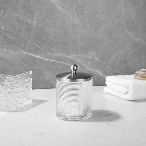 Indecor Home Glass Jar with Metal Lid for Bathroom Organization, Clear Apothecary Jar for Cotton Balls, Q-Tips, and Small Accessories, Stylish Bathroom Storage Container - Nickel/Clear - Nickel/Clear thumbnail 2
