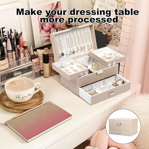 Dajasan Jewelry Box Organizer, Jewelry Boxes for Women Girls, 3 Layers Jewelry Gift Box for Christmas, Valentine's Day, Birthday, Mother's Day (Champagne) thumbnail 5