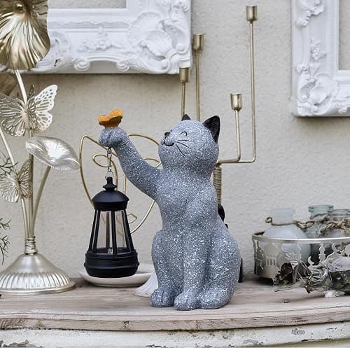 Elegondrar Solar Cat Garden Statue Outdoor Decor, Cat Sculpture with Lantern and Butterfly for Yard Lawn Patio Balcony, Christmas, Birthday Housewarming Gifts for Mom, Grandma, Women, 9.4 inch, Resin thumbnail 8