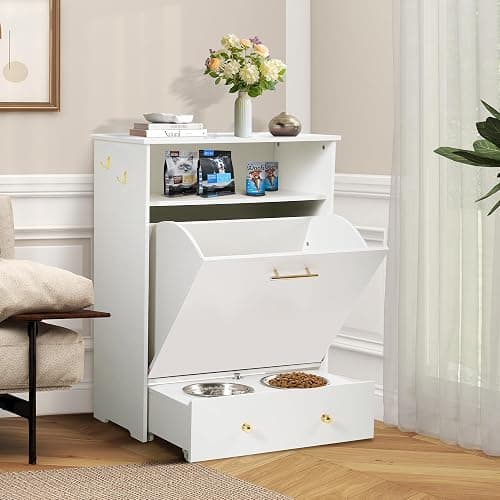 TITIMO Pet Feeder Station,Dog Food Storage Cabinet Container with 2 Pull Out Dog Elevated Bowls and Hanger,Pet Toy Storage Organizer,Feeding & Watering Pet Supplies (White) - Image 1