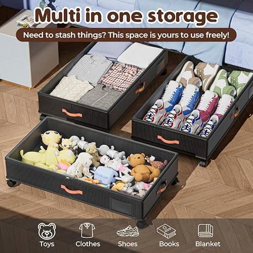 Tsinglax Under Bed Storage with Wheels 2-Pack – 66L XXL Larger Stackable Under Bed Storage Containers with Clear Window & Labels, Rolling Under Bed Drawers for Clothes, Shoes, Blankets (Dark Grey) thumbnail 4