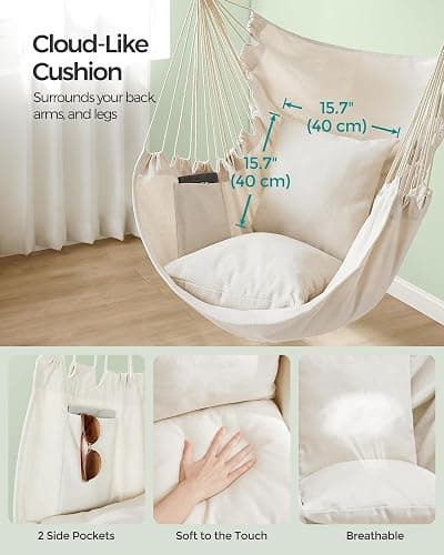 SONGMICS Hammock Chair, Load Capacity 500 lb, Hanging Chair with 2 Cushions, Large Hammock Swing with Chain and Pocket, for Indoor, Outdoor, Living Room, Bedroom, Cream White UGDC197M01 thumbnail 4