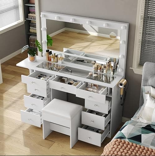 9 Drawers Vanity Desk, Makeup Vanity with Power Outlet, Vanity with 12 LED Lights and Mirror, 3 Lighting Modes, Brightness Adjustable, Fold-up Panel, Glass Top Dressring Table for Bedroom, White thumbnail 4