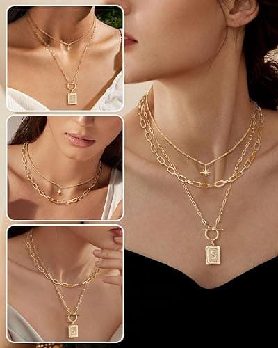 MJartoria Layered Initial Necklaces for Women Trendy, 14K Gold Plated Brass Simple Star Choker Square Letter Pendant Necklace, Paperclip Chain Necklaces Jewelry Gifts thumbnail 7