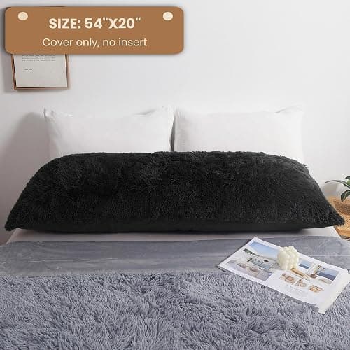 MEGO Luxury Fluffy Body Pillow Cover, 20x54 Shaggy Faux Fur Body Pillow Case, Black Soft Plush Fuzzy Body Pillowcase, Decorative Furry Long Bed Pillow with Zipper Closure Hug Pillow for Bedroom Black thumbnail 3