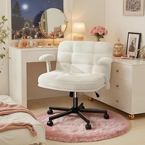 DurayLoly Criss Cross Chair with Wheels, Criss Cross Office Chair with Flip-up Armrests, Vanity Chair for Bedroom, Home Office, Apartment, Plush Fabric, White thumbnail 8